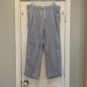 Talbots Linen Pants Women’s Size 6P White Blue Stripes Drawstring Coastal Beach